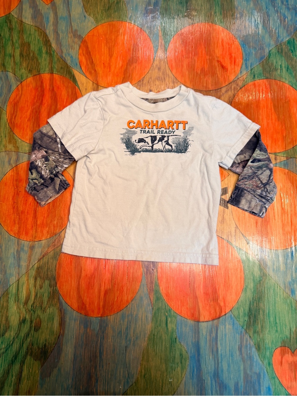Carhartt 9 Month White Shirt with Camo Long Sleeves Trail Ready Hunting Bird Dog